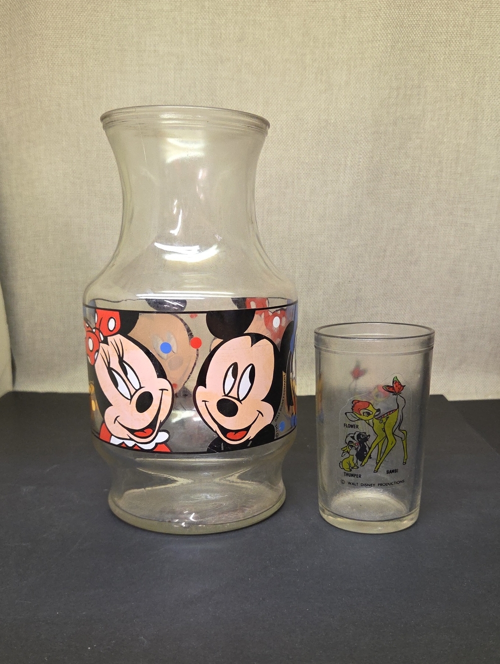 Vintage Anchor Hocking Disney Glass Carafe Mickey Minnie Donald Plus Bambi Glass